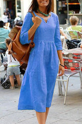 Vestido midi de lino con escote en V y siete mangas